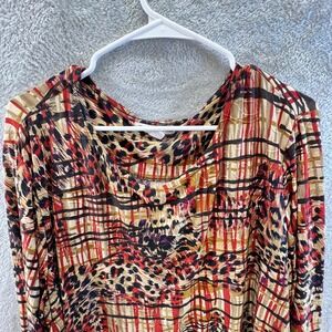 JM Collection Woman 2X Blouse Red Black Gold Leopard Abstract Stretch 3/4 Sleeve